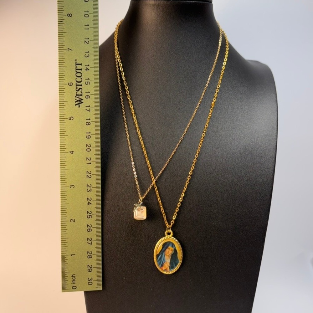 Religious Vintage Necklace Lot Gold Virgin Mary Medallion Cross Crystal Charm - Picture 6 of 8